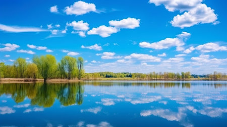 The landscape of the spring lake with a reflection of the blue sky.の素材