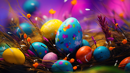 Illustration with Easter colors that stain nature in bright colors.の素材