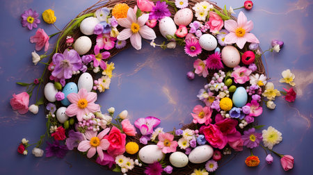 Easter wreath of spring flowers and egg shaped jewelry.の素材