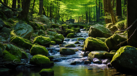 Forest stream flowing between stones, with noisy water.の素材