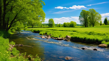 Spring landscape with a river and green shores.の素材