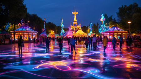 Park of attractions with bright lights and the noise of funny visitors.の素材