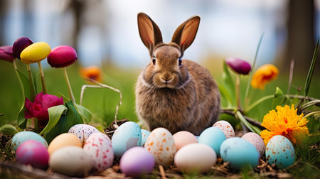 Easter card with the image of a hare and multi colored eggs.の素材