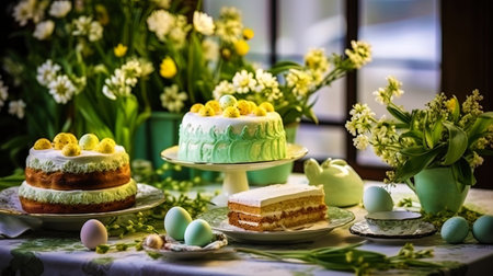 Easter cakes and eggs on a festive table decorated with green leaves.の素材