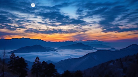 Sunrise of the moon above the mountains, staining the night sky in cold shades.の素材