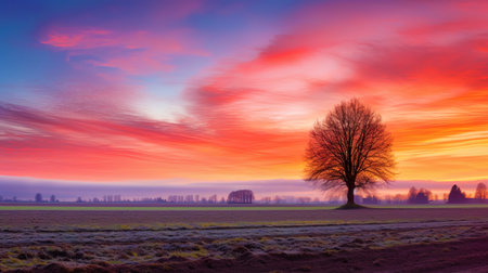Spring dawn over the field with bright shades of pink and orange.の素材