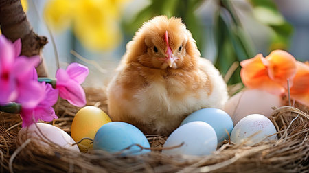Graphic image of Easter chicken sitting on a nest with eggs.の素材