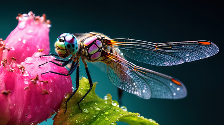 Macro shooting a dragonfly on a flower stem with dew spray.の素材
