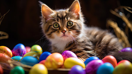 Easter kitten playing with multi colored eggs.の素材