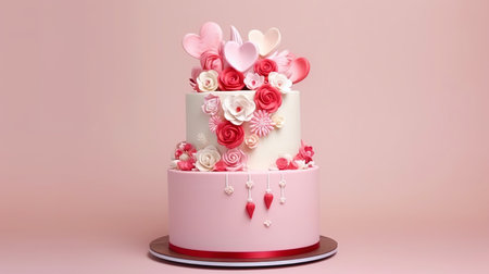Wedding cake decorated with mastic in the form of flowers and hearts.の素材