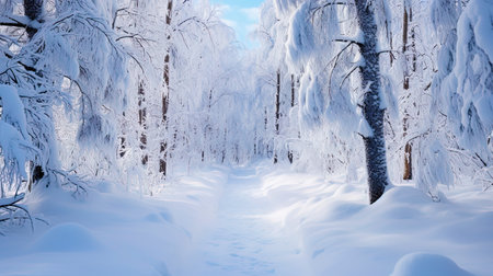 Winter forest with snowdrifts of snow, where each tree is decorated with a flickering white bedspre.の素材