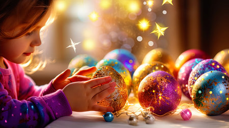 The hands of children adorning Easter eggs with rhinestones.の素材
