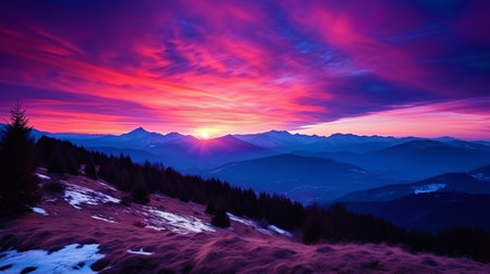 The sunrise in the mountains, painting heaven in pink and purple shades.の素材