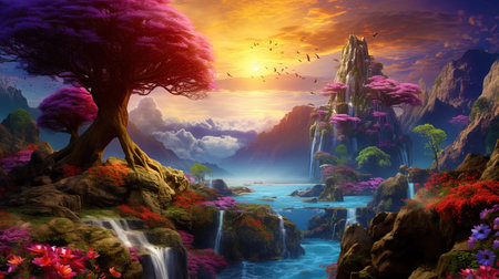 Surrealistic landscape with magic flowers and trees.の素材