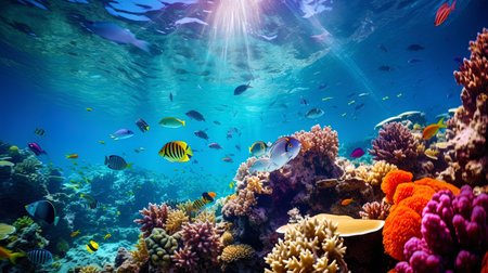 Underwater world with multi colored corals and playful fish in transparent water.の素材