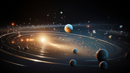 The visualization of the moment when Newton first understood the law of universal gravity, with a curved space around it.の素材