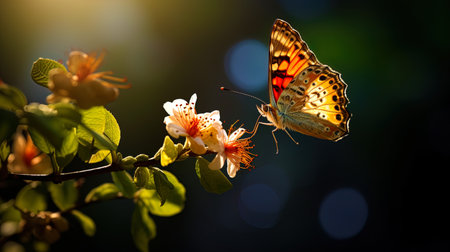 Macro shooting a floating butterfly flying around a flower bud.の素材