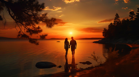 Sunset on the coast with figures of lovers, reflected in water.の素材