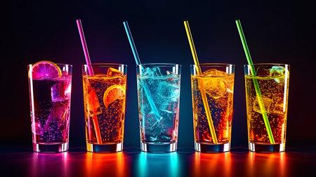 The drawing of colored straws, creating a rainbow effect in a cocktail.の素材