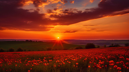 Spring sunset with orangepink shades above the fields.の素材