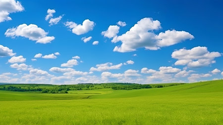 Spring landscape with a blue sky, white clouds and a green field.の素材