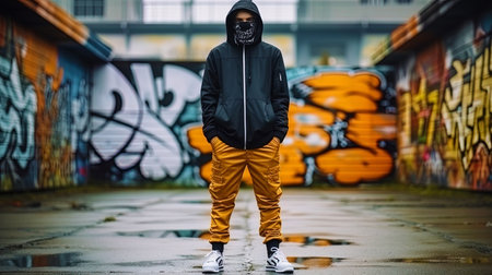 A person in sportswear, standing out against the background of street graffiti.の素材