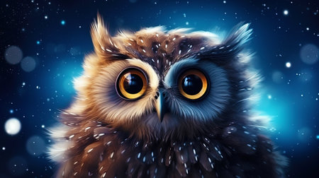A cute portrait of an anthropomorphic owl surrounded by stars in the night sky.の素材
