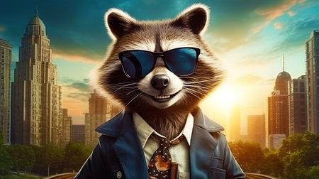 Artstyled portrait of anthropomorphic raccoon against the background of the city landscape.の素材