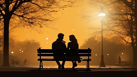 Lovers sitting on a bench in a park holding hands.の素材