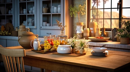 Cozy kitchen with a farm table, glass jars and decorative elements.の素材