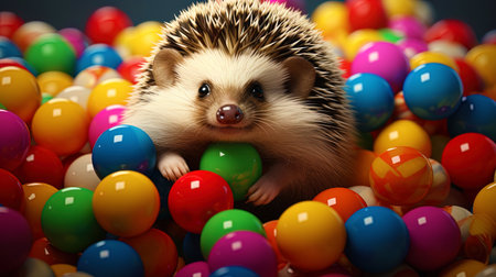 Charismatic anthropomorphic hedgehog playing with bright balls.の素材