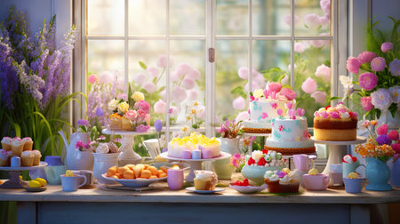 Easter table with flowers, cakes and Easter eggs.の素材