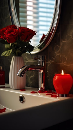 Love words written in red lipstick on the mirror in the bathroom.の素材