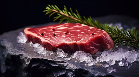 Photo of a piece of raw meat that is released against the background of fresh spruce branches.の素材