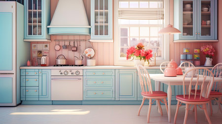 The interior of the kitchen with pastel colors and delicate accents.の素材
