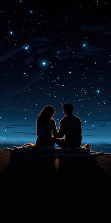 A couple sitting on a blanket watching the stars.の素材