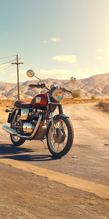 A vintage motorcycle standing on a deserted road under a bright sun.の素材