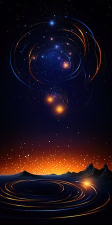 Abstract composition of sparkling fire circles against the backdrop of the night sky.の素材