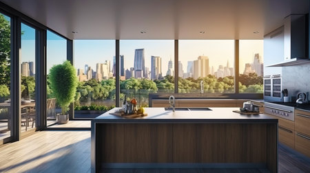 A kitchen with an open layout and a large window opening the city landscape.の素材
