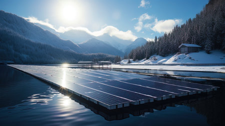 A photograph of solar panels floating on a quiet lake in the snowy mountains.の素材