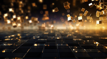 Abstract background with geometric shapes and sparkling particles.の素材