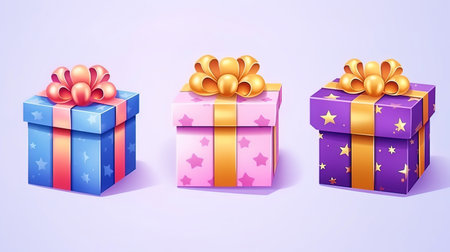 Illustration of cute gift boxes with different patterns and cartoon characters.の素材