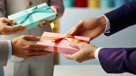 Image of hands exchanging color envelopes as gifts.の素材