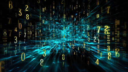 The background with flickering numbers and binary code, symbolizing intellectual calculations.の素材
