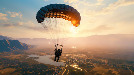 The moment when the paratrooper confidently reveals his parachute in flight.の素材