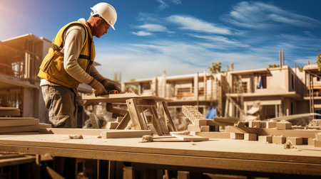 A builderbuilding working on a construction site, skillfully using his dexterityの素材