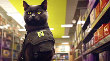 A catstore guard, patrolling shelves in a store to prevent theftの素材