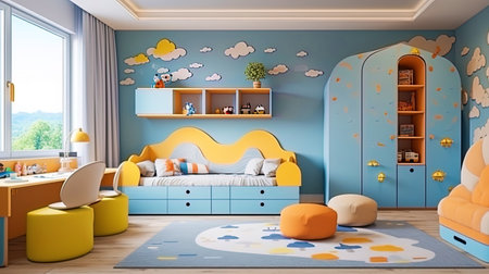 A children's room with bright wallpaper, cartoon furniture and creative accentsの素材