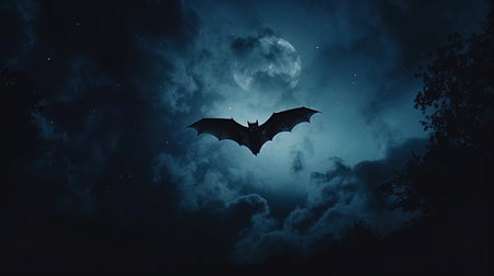 A bat in the night sky, rapidly maneuvering in search of prey in dark cornersの素材