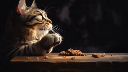 A photograph of a cat licking, watching delicious land on the tableの素材